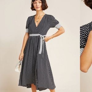 Anthropologie plus polkadot tie waist faux wrap dress